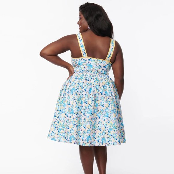 Smurfs X Unique Vintage Smurf Floral Print Pinafore Swing Dress, NWT - Picture 2 of 13